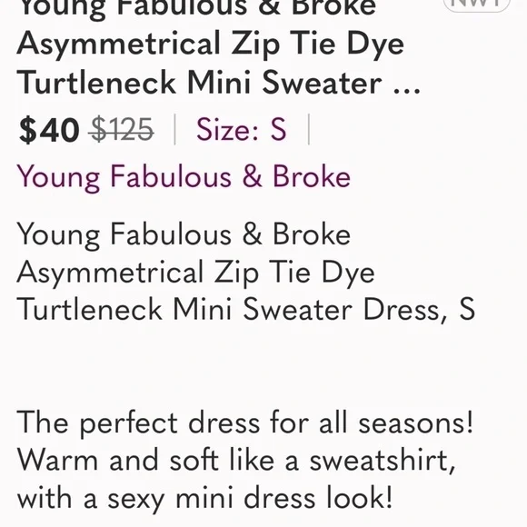 Young fabulous and broke mini zip, turtle neck, tie-dye, long sleeve dress SzM - Picture 15 of 16